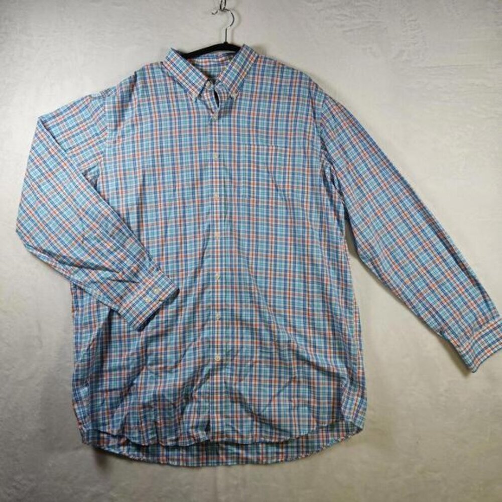L.L. Bean XL Tall Button Down Shirt Blue Orange Plaid Long Sleeve Cotton Casual